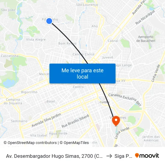 Av. Desembargador Hugo Simas, 2700 (Cruz do Pilarzinho) to Siga Pucpr map