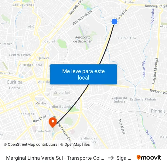 Marginal Linha Verde Sul - Transporte Coletivo Glória (Atuba) to Siga Pucpr map