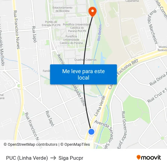 PUC (Linha Verde) to Siga Pucpr map
