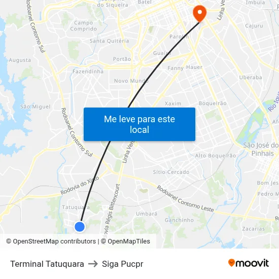 Terminal Tatuquara to Siga Pucpr map