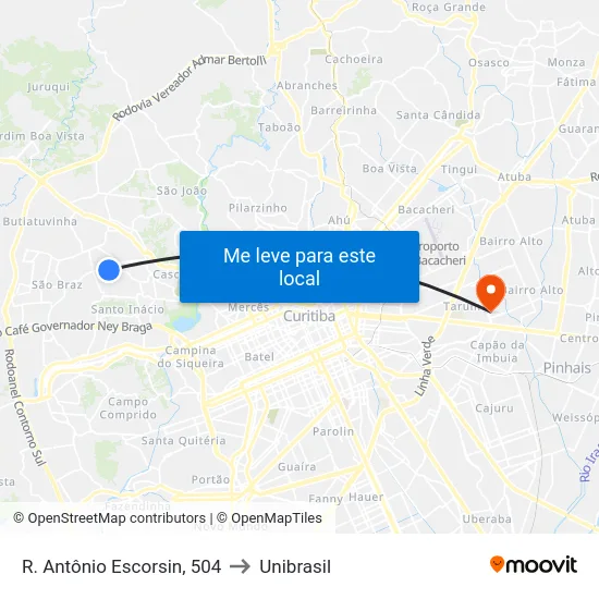 R. Antônio Escorsin, 504 to Unibrasil map