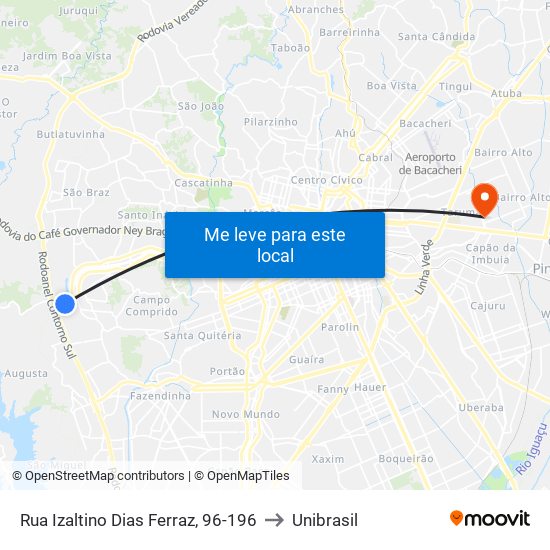 Rua Izaltino Dias Ferraz, 96-196 to Unibrasil map