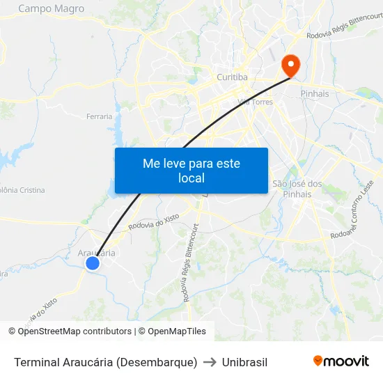 Terminal Araucária (Desembarque) to Unibrasil map