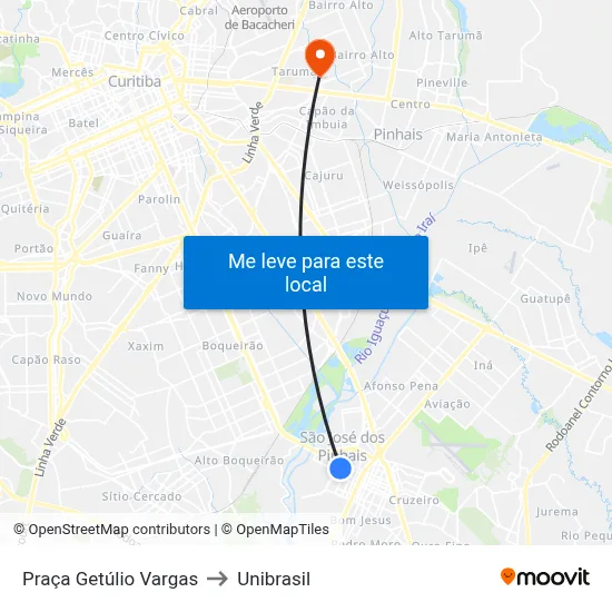Praça Getúlio Vargas to Unibrasil map
