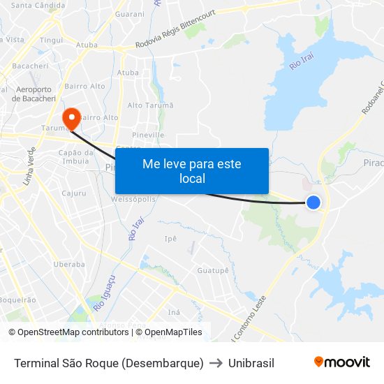 Terminal São Roque (Desembarque) to Unibrasil map