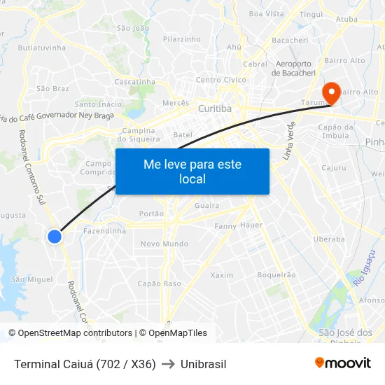 Terminal Caiuá (702 / X36) to Unibrasil map