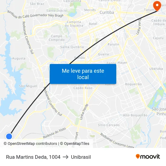Rua Martins Deda, 1004 to Unibrasil map
