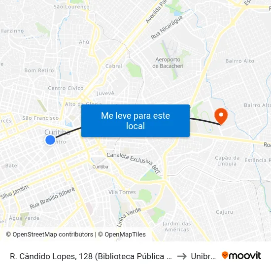 R. Cândido Lopes, 128 (Biblioteca Pública do Paraná) to Unibrasil map