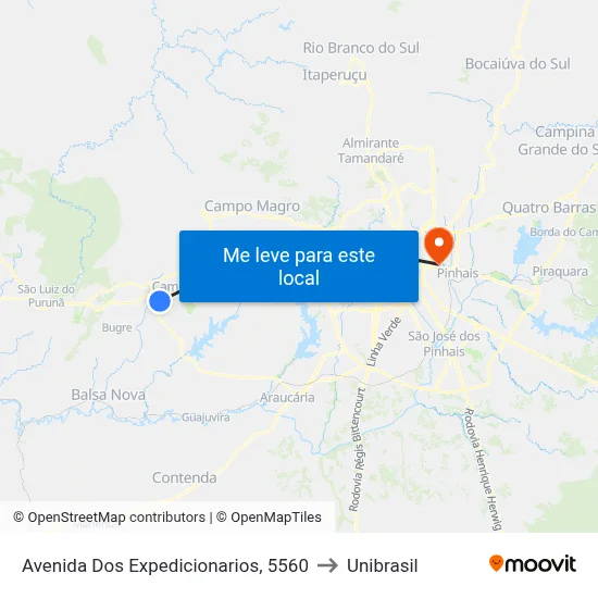 Avenida Dos Expedicionarios, 5560 to Unibrasil map