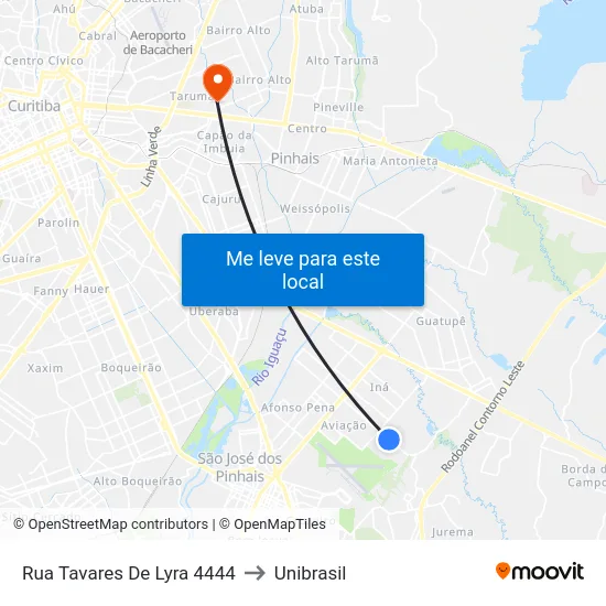 Rua Tavares De Lyra 4444 to Unibrasil map