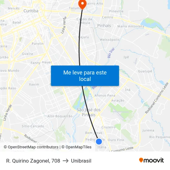 R. Quirino Zagonel, 708 to Unibrasil map