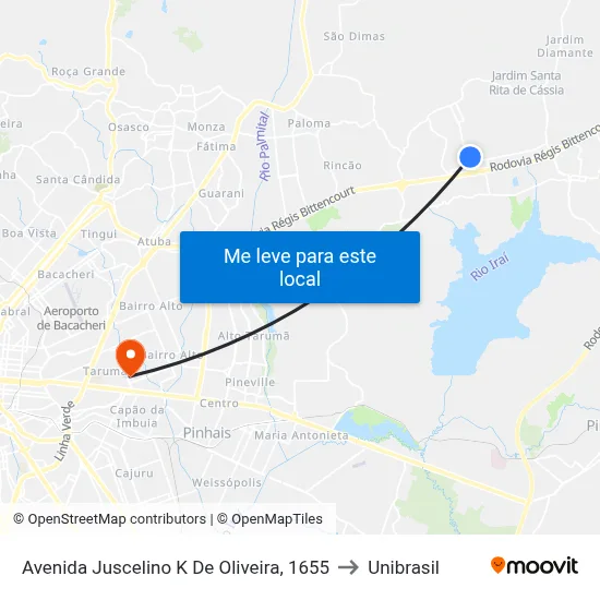 Avenida Juscelino K De Oliveira, 1655 to Unibrasil map
