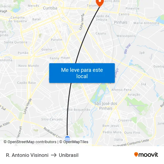 R. Antonio Visinoni to Unibrasil map