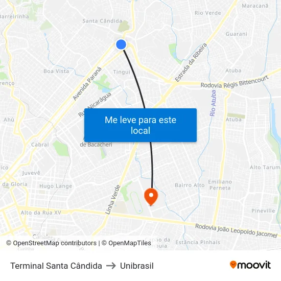 Terminal Santa Cândida to Unibrasil map