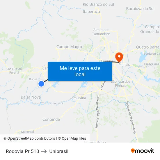 Rodovia Pr 510 to Unibrasil map