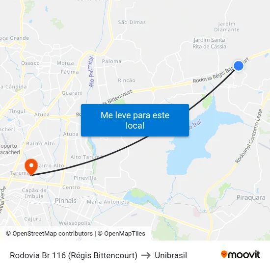Rodovia Br 116 (Régis Bittencourt) to Unibrasil map