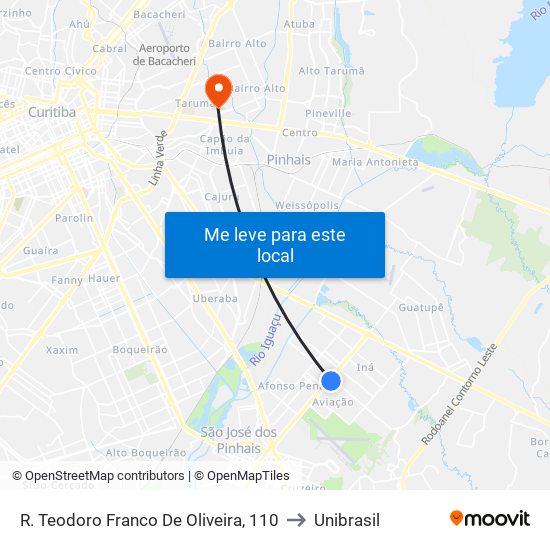 R. Teodoro Franco De Oliveira, 110 to Unibrasil map