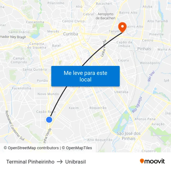 Terminal Pinheirinho to Unibrasil map