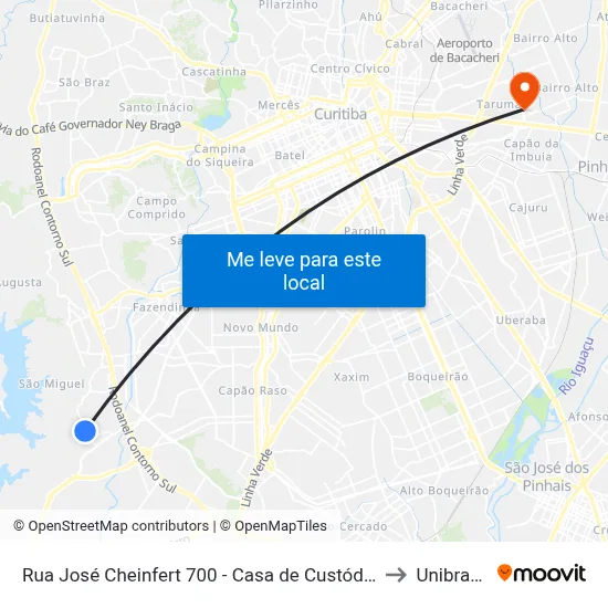 Rua José Cheinfert 700 - Casa de Custódia to Unibrasil map