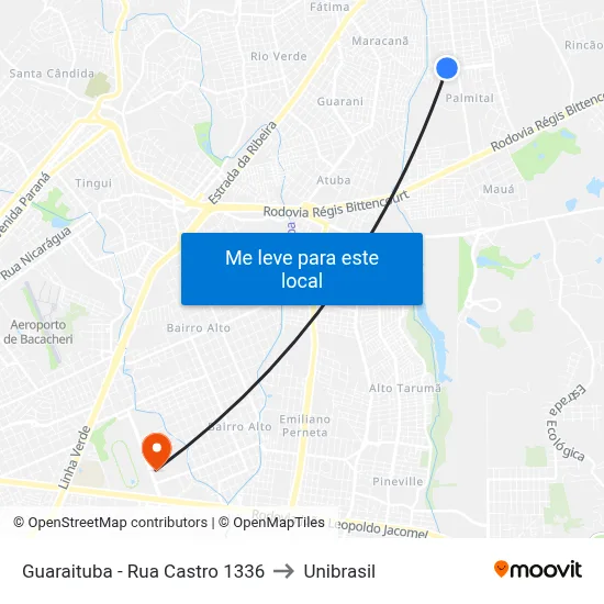 Guaraituba - Rua Castro 1336 to Unibrasil map