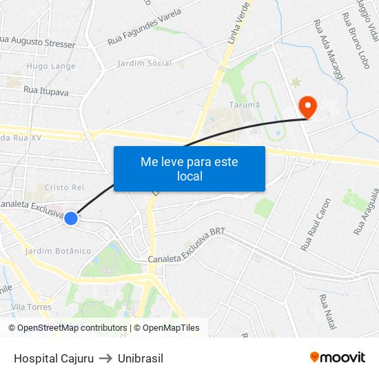 Hospital Cajuru to Unibrasil map