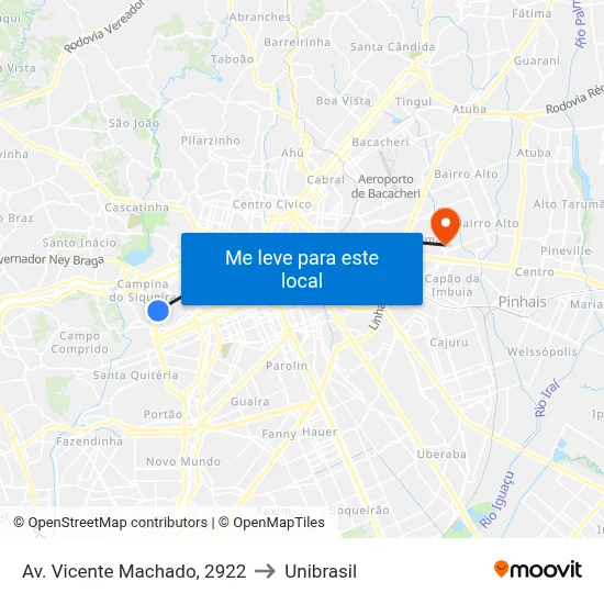 Av. Vicente Machado, 2922 to Unibrasil map