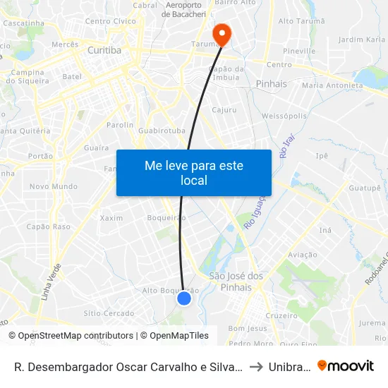 R. Desembargador Oscar Carvalho e Silva, 210 to Unibrasil map