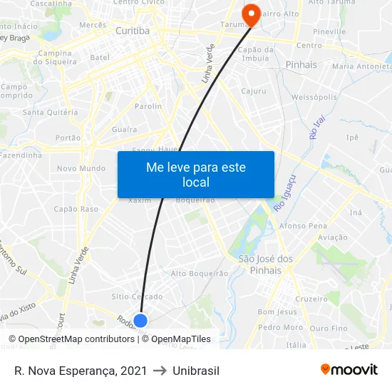 R. Nova Esperança, 2021 to Unibrasil map