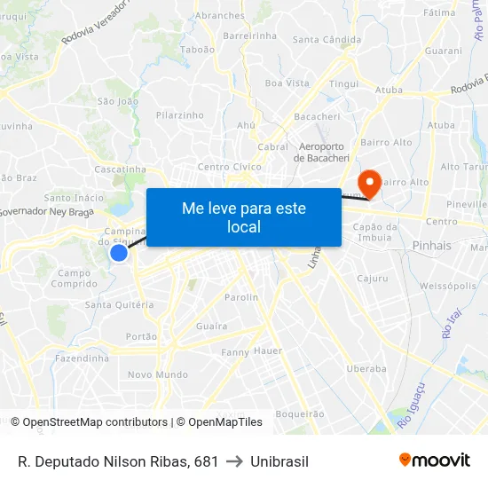 R. Deputado Nilson Ribas, 681 to Unibrasil map