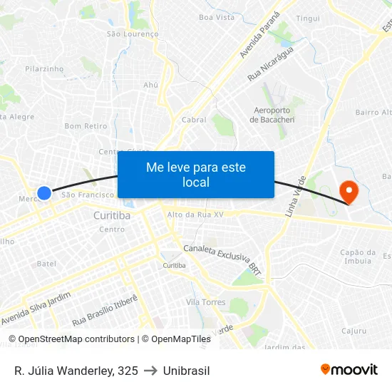 R. Júlia Wanderley, 325 to Unibrasil map