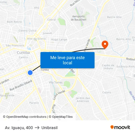 Av. Iguaçu, 400 to Unibrasil map