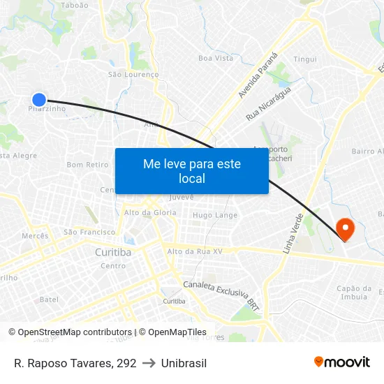 R. Raposo Tavares, 292 to Unibrasil map