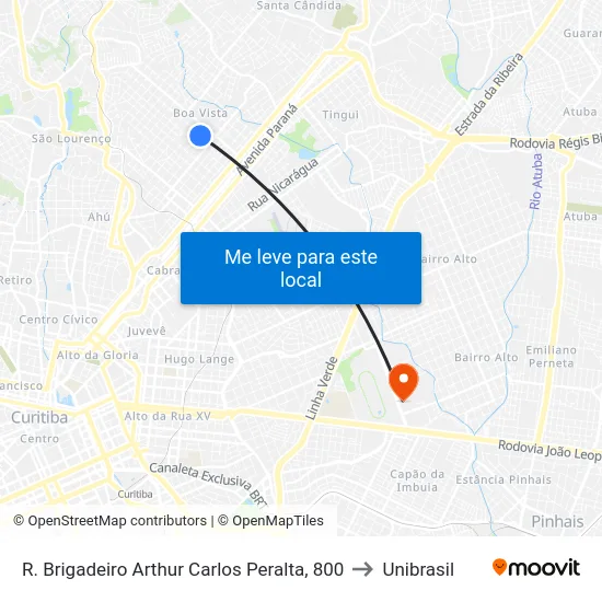 R. Brigadeiro Arthur Carlos Peralta, 800 to Unibrasil map