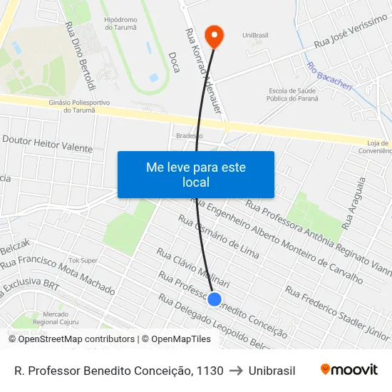 R. Professor Benedito Conceição, 1130 to Unibrasil map