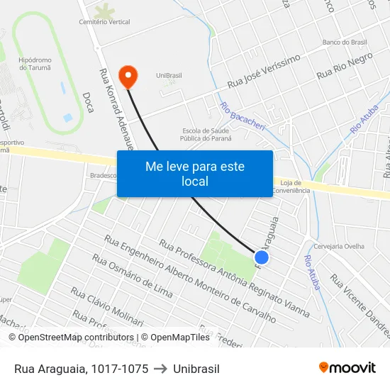 Rua Araguaia, 1017-1075 to Unibrasil map