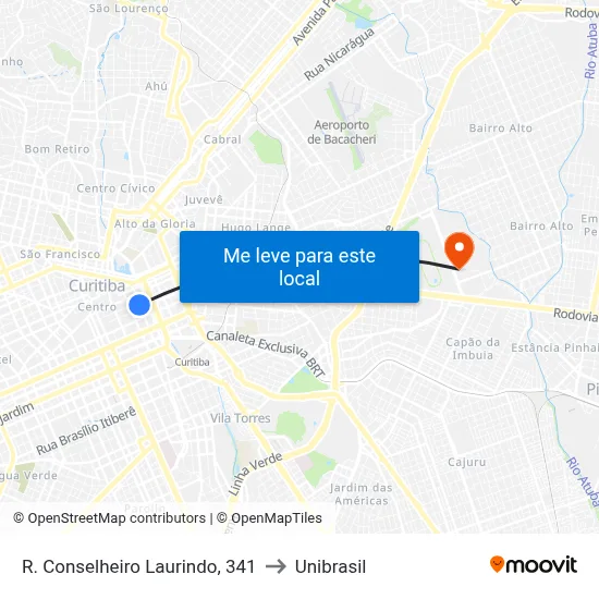 R. Conselheiro Laurindo, 341 to Unibrasil map