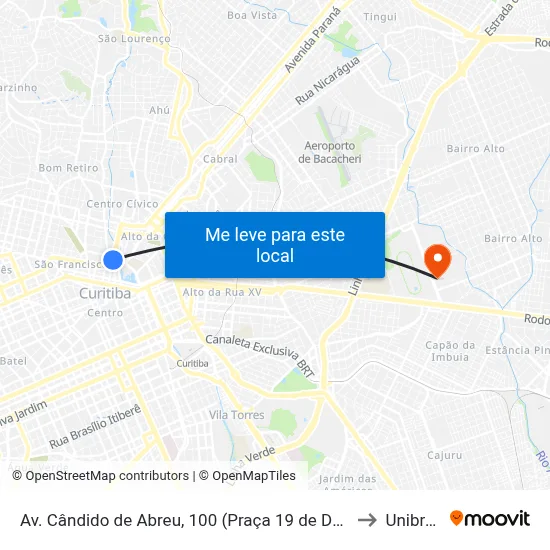 Av. Cândido de Abreu, 100 (Praça 19 de Dezembro) to Unibrasil map