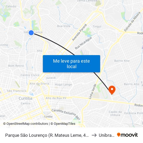 Parque São Lourenço (R. Mateus Leme, 4557) to Unibrasil map