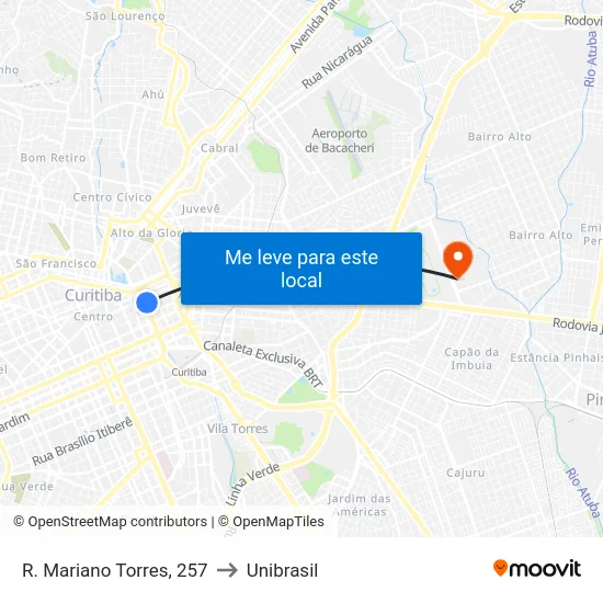 R. Mariano Torres, 257 to Unibrasil map