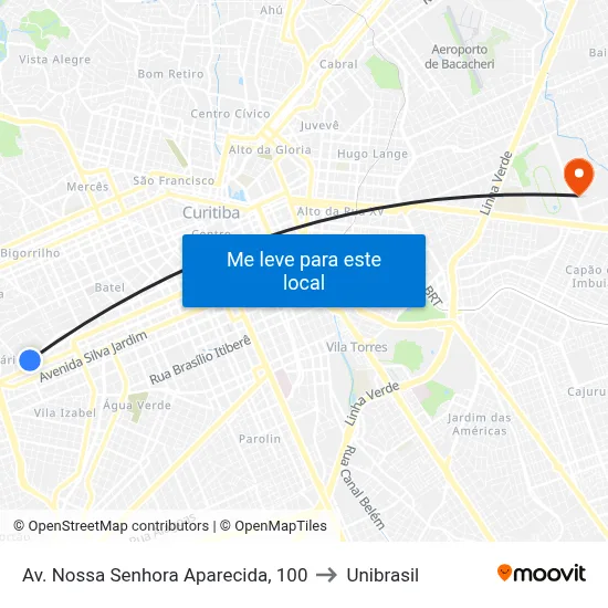 Av. Nossa Senhora Aparecida, 100 to Unibrasil map