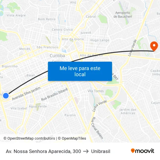 Av. Nossa Senhora Aparecida, 300 to Unibrasil map