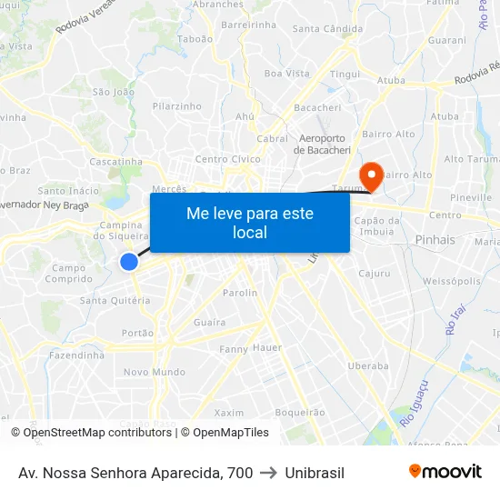 Av. Nossa Senhora Aparecida, 700 to Unibrasil map