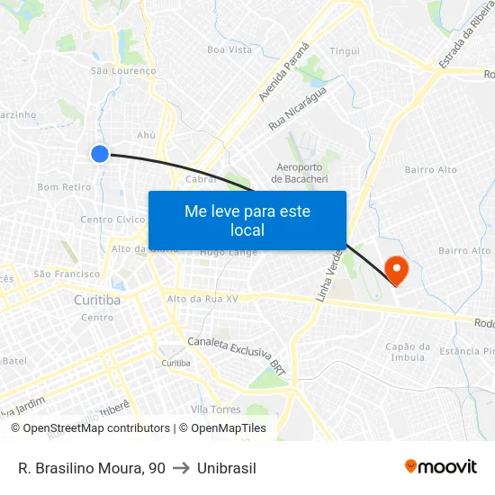 R. Brasilino Moura, 90 to Unibrasil map