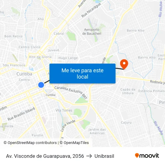 Av. Visconde de Guarapuava, 2056 to Unibrasil map