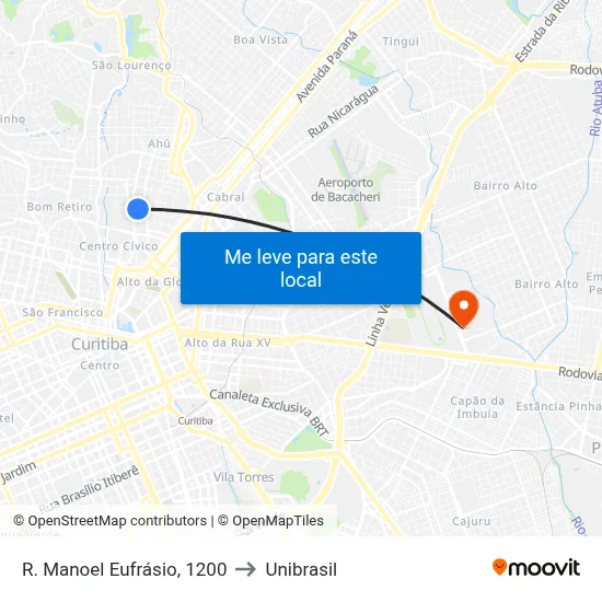 R. Manoel Eufrásio, 1200 to Unibrasil map