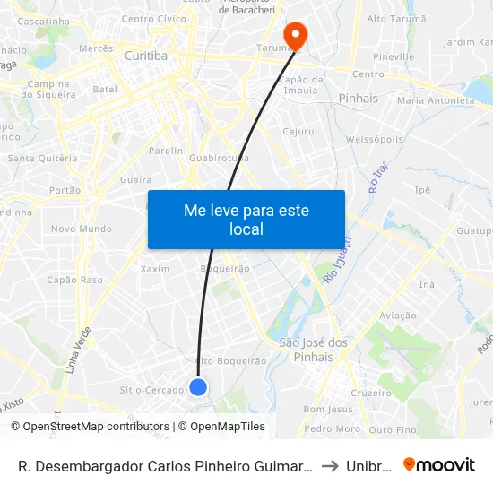 R. Desembargador Carlos Pinheiro Guimarães, 1395 to Unibrasil map
