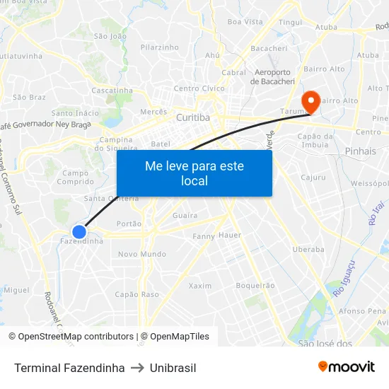 Terminal Fazendinha to Unibrasil map
