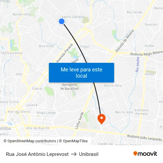 Rua José Antônio Leprevost to Unibrasil map