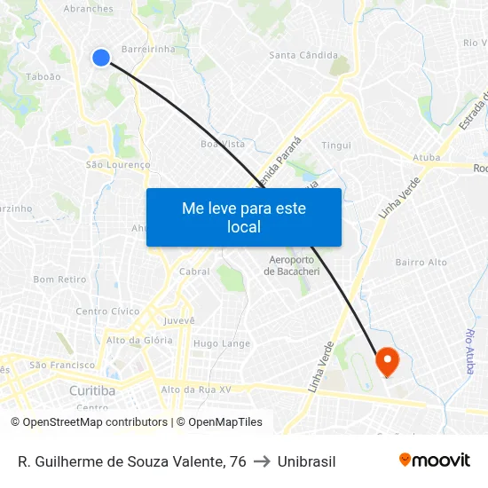 R. Guilherme de Souza Valente, 76 to Unibrasil map