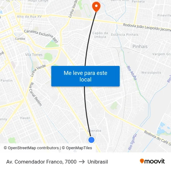 Av. Comendador Franco, 7000 to Unibrasil map